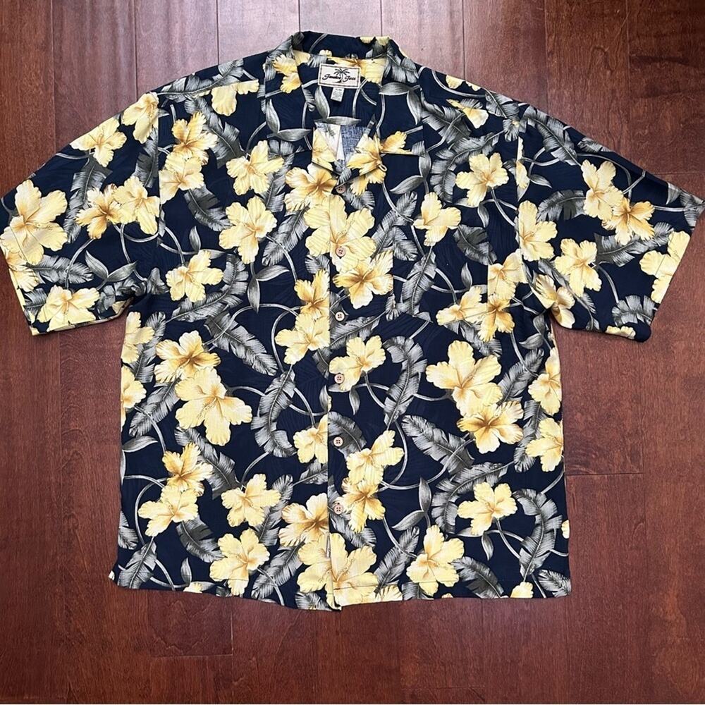 Jamaica Jaxx Men's Floral 100% Silk Shirt, Blue & Yellow Hibiscus Print, Size XL
